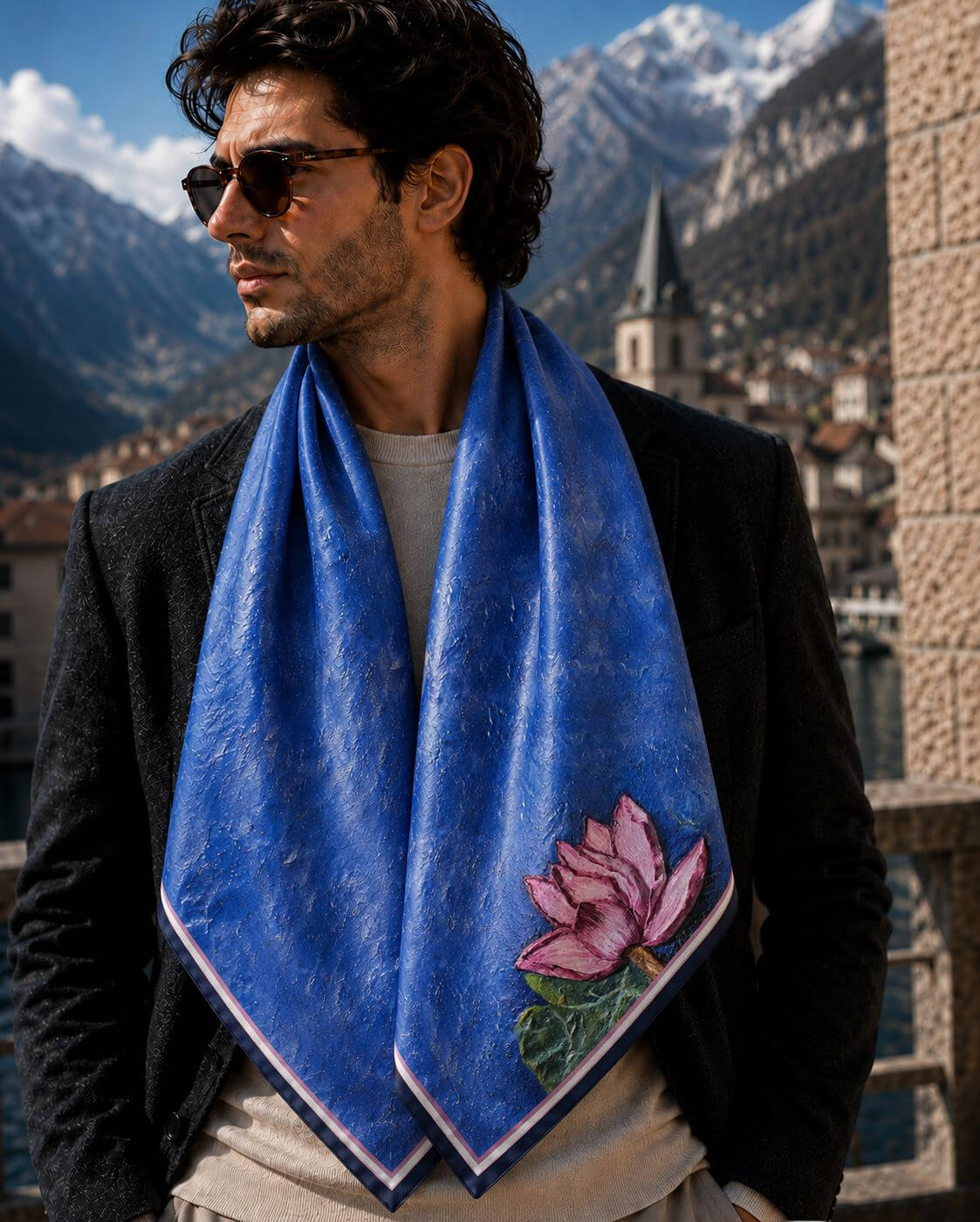 lotus flower with moss  2 print copy - 90 x 90 cm ( Banarasi Silk)